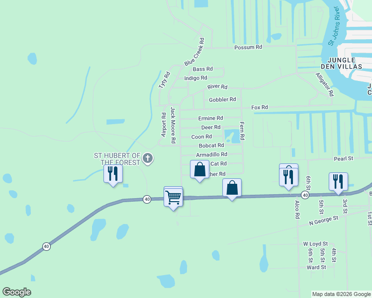 map of restaurants, bars, coffee shops, grocery stores, and more near 23904 Bobcat Road in Astor