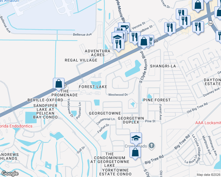 map of restaurants, bars, coffee shops, grocery stores, and more near 133 Westwood Drive in Daytona Beach