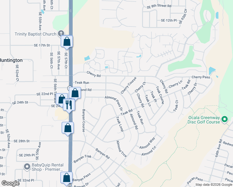 map of restaurants, bars, coffee shops, grocery stores, and more near 45 Almond Road in Ocala