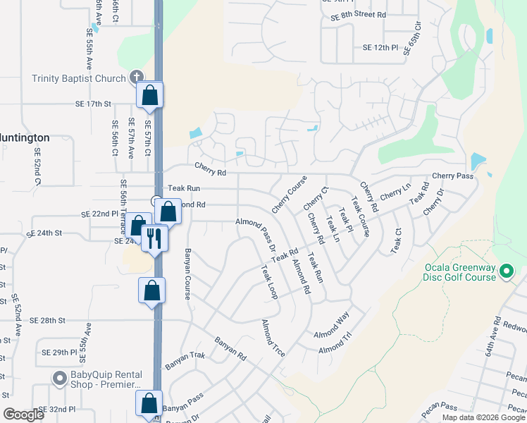 map of restaurants, bars, coffee shops, grocery stores, and more near 45 Almond Road in Ocala
