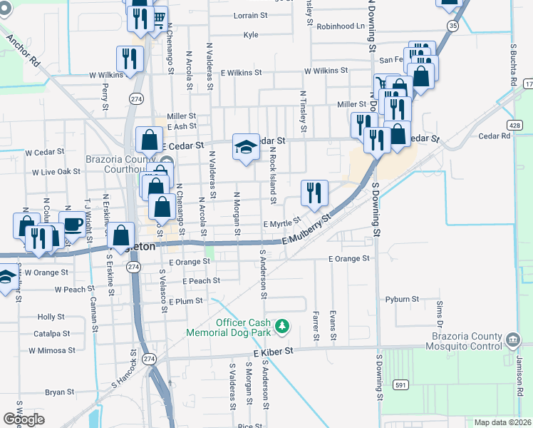 map of restaurants, bars, coffee shops, grocery stores, and more near 216 N Anderson St in Angleton
