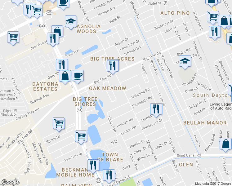 map of restaurants, bars, coffee shops, grocery stores, and more near 2037 Oak Meadow Circle in South Daytona