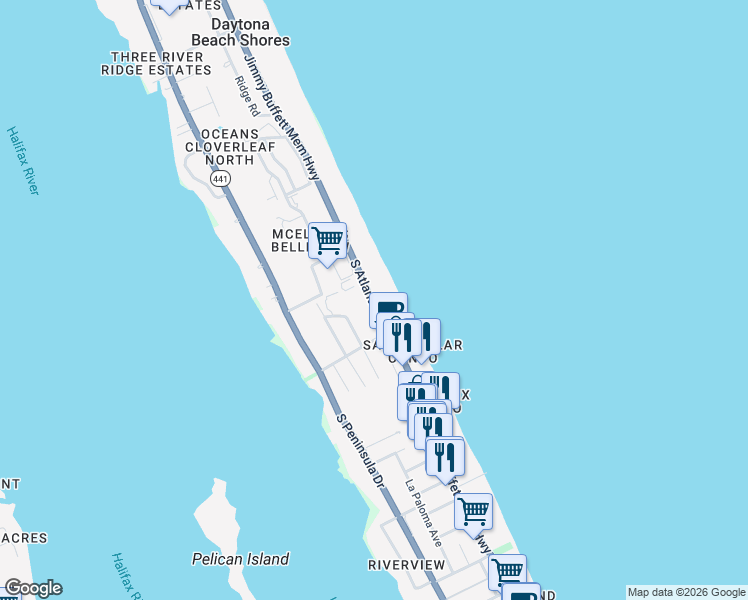 map of restaurants, bars, coffee shops, grocery stores, and more near 3050 Florida A1A in Daytona Beach Shores