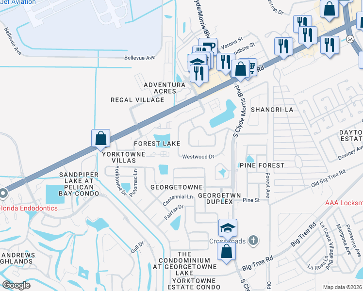 map of restaurants, bars, coffee shops, grocery stores, and more near 133 Westwood Drive in Daytona Beach
