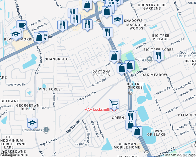 map of restaurants, bars, coffee shops, grocery stores, and more near 1928 Vernon Place in Daytona Beach