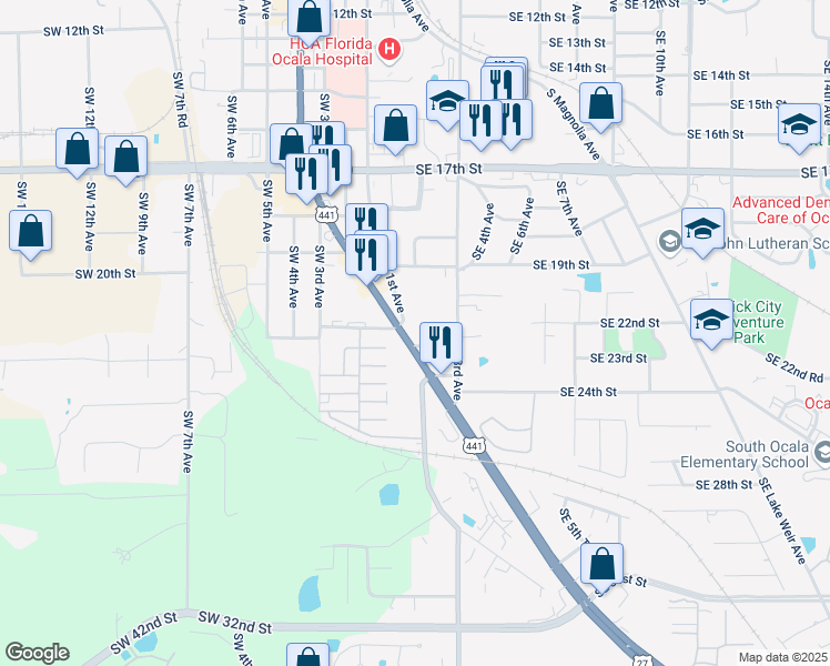 map of restaurants, bars, coffee shops, grocery stores, and more near 117 Southeast 22nd Place in Ocala