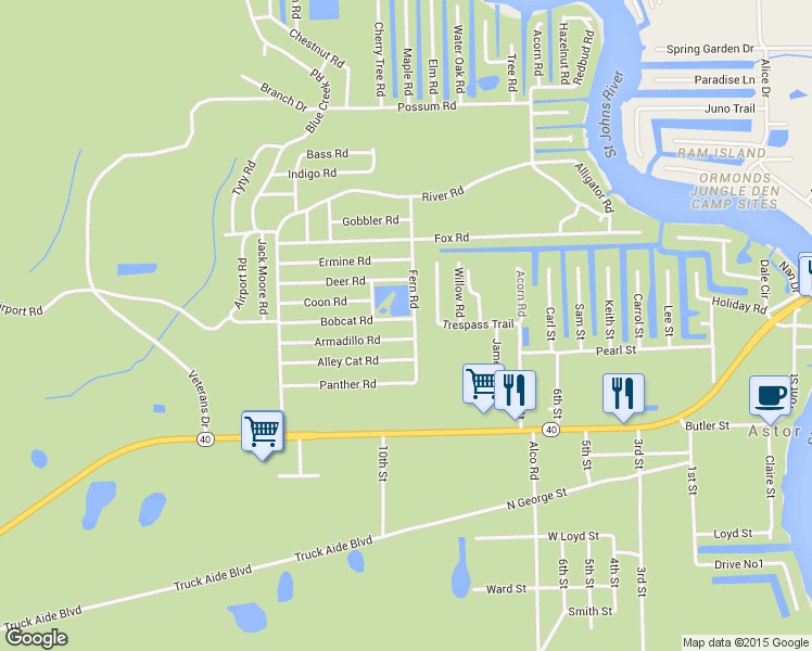 map of restaurants, bars, coffee shops, grocery stores, and more near 24144 Bobcat Road in Astor