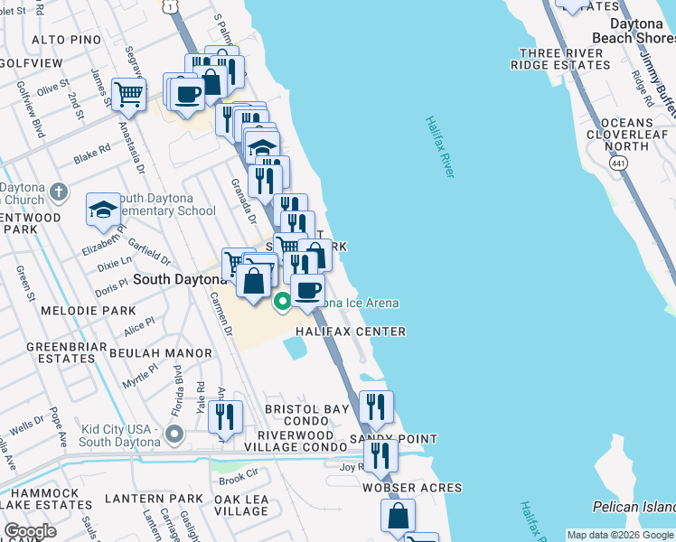 map of restaurants, bars, coffee shops, grocery stores, and more near 2411 South Palmetto Avenue in South Daytona
