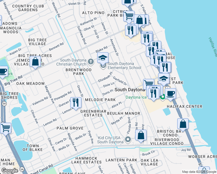 map of restaurants, bars, coffee shops, grocery stores, and more near 617 Dixie Ln in South Daytona