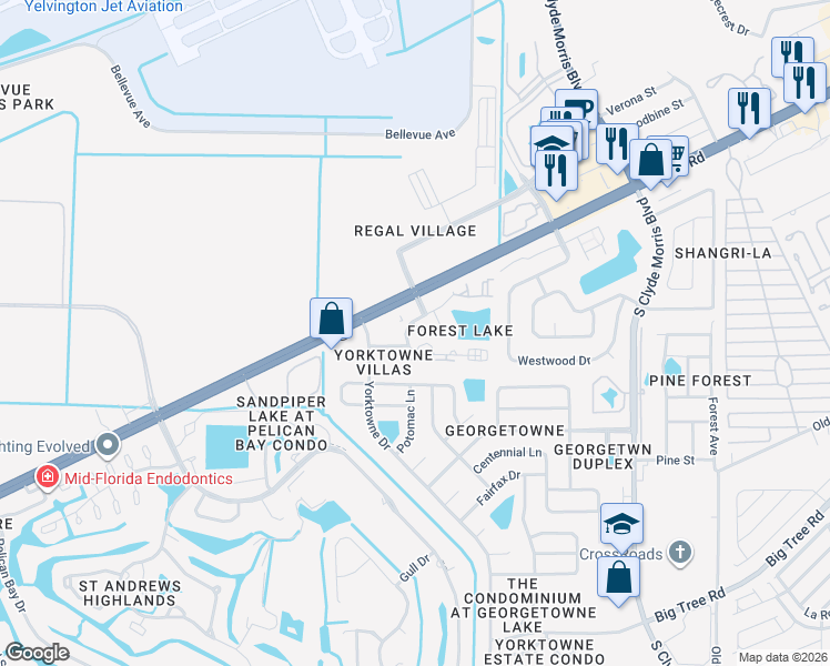 map of restaurants, bars, coffee shops, grocery stores, and more near 132 Cedarwood Village Circle in Daytona Beach