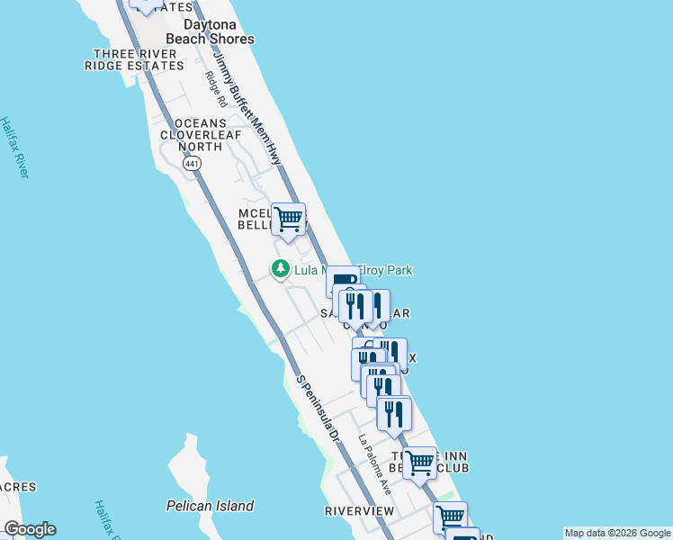 map of restaurants, bars, coffee shops, grocery stores, and more near 3051 South Atlantic Avenue in Daytona Beach Shores