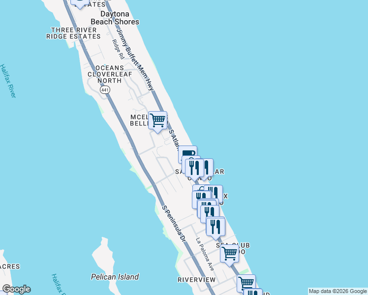 map of restaurants, bars, coffee shops, grocery stores, and more near 3051 South Atlantic Avenue in Daytona Beach