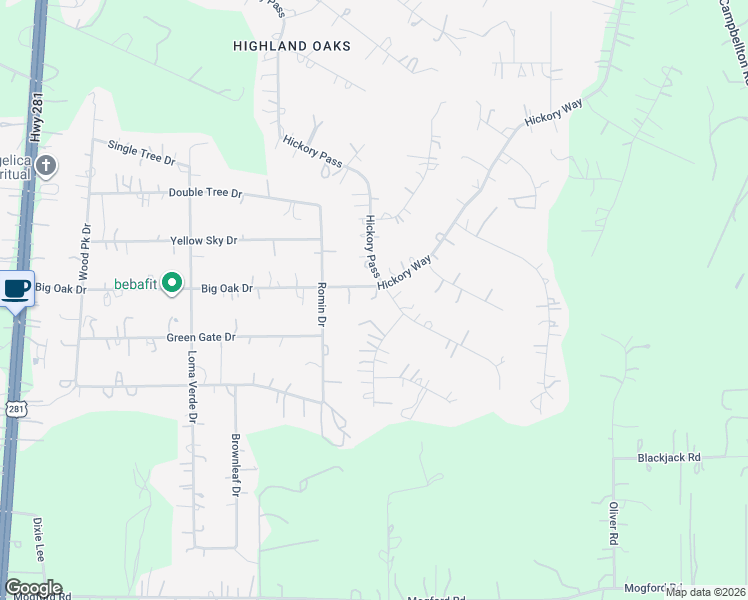 map of restaurants, bars, coffee shops, grocery stores, and more near 1658 Hickory Way in San Antonio