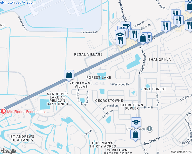 map of restaurants, bars, coffee shops, grocery stores, and more near 132 Cedarwood Village Circle in Daytona Beach