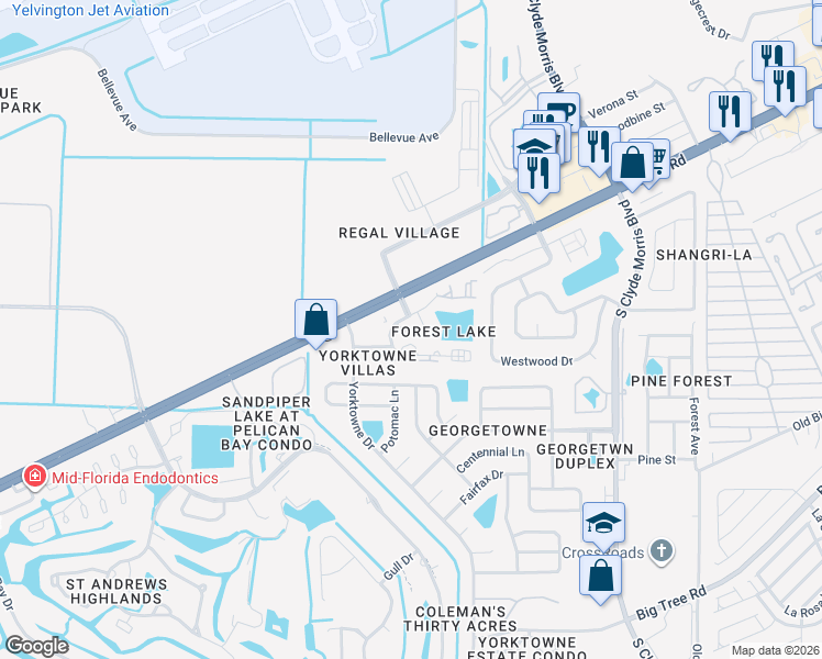 map of restaurants, bars, coffee shops, grocery stores, and more near 132 Cedarwood Village Circle in Daytona Beach
