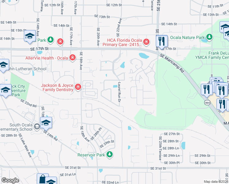 map of restaurants, bars, coffee shops, grocery stores, and more near 2220 Mill Creek Circle in Ocala