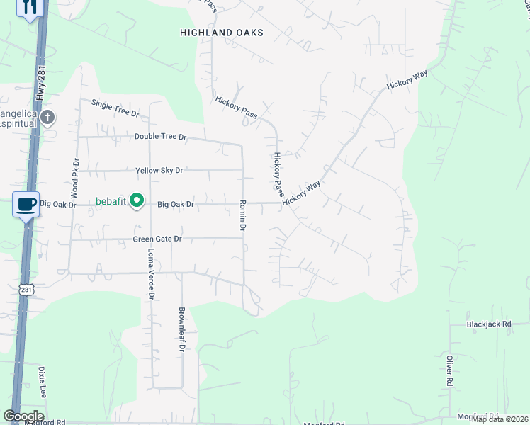 map of restaurants, bars, coffee shops, grocery stores, and more near 1658 Hickory Way in San Antonio