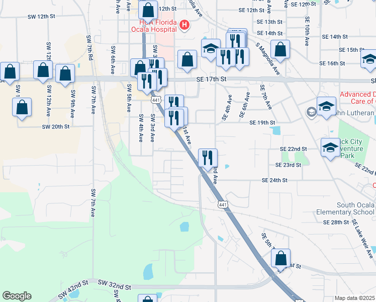 map of restaurants, bars, coffee shops, grocery stores, and more near Southwest 1st Avenue in Ocala