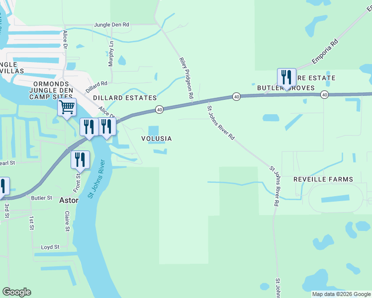 map of restaurants, bars, coffee shops, grocery stores, and more near 2020 Saint Johns River Road in Astor