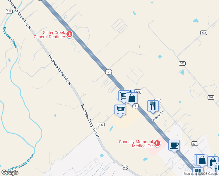 map of restaurants, bars, coffee shops, grocery stores, and more near 454 County Road 301 in Floresville