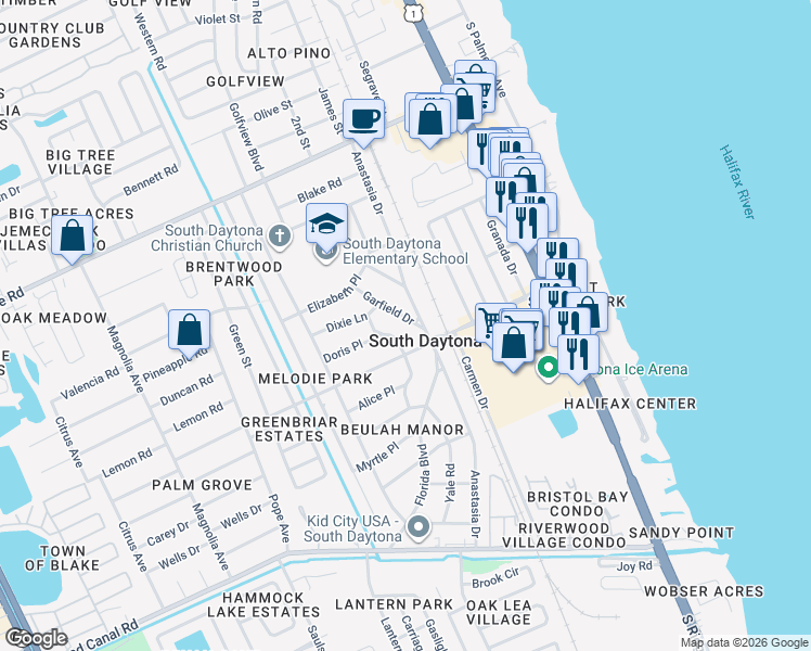 map of restaurants, bars, coffee shops, grocery stores, and more near 2210 Colfax Drive in South Daytona