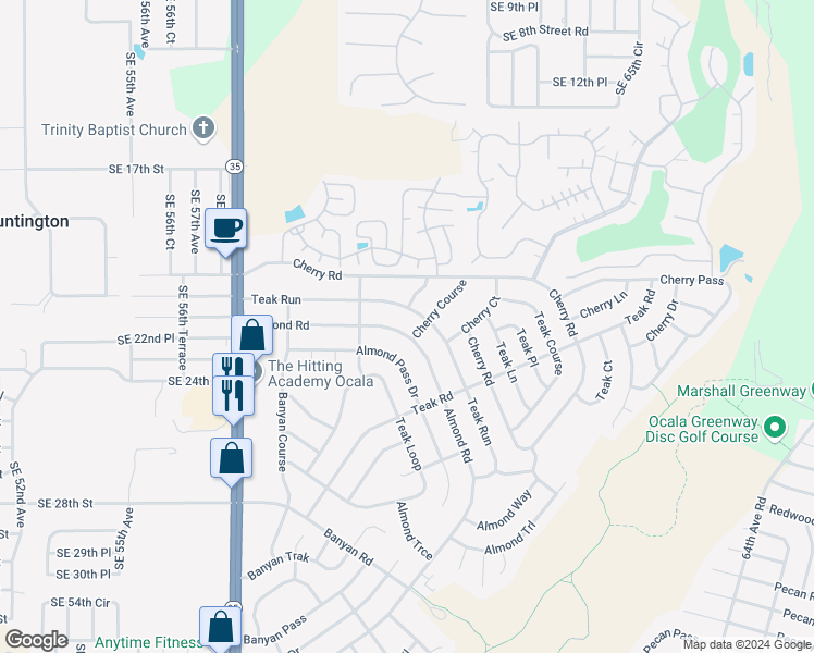 map of restaurants, bars, coffee shops, grocery stores, and more near 45 Almond Road in Ocala