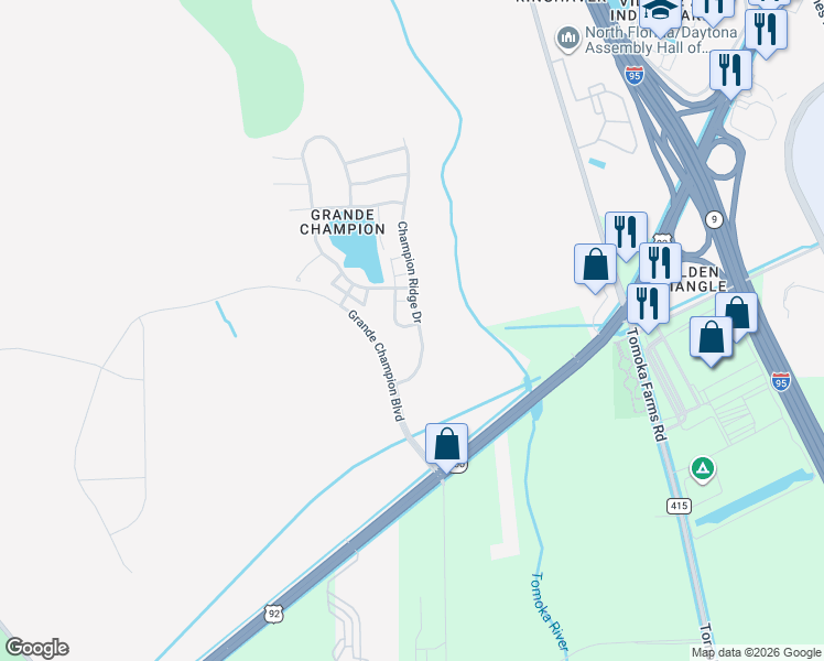 map of restaurants, bars, coffee shops, grocery stores, and more near 113 Aston Grande Drive in Daytona Beach