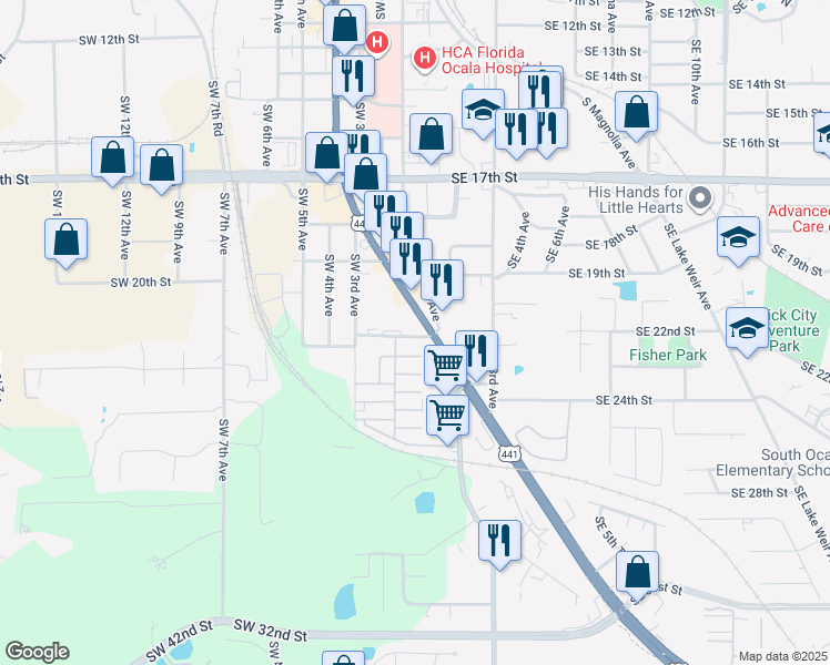 map of restaurants, bars, coffee shops, grocery stores, and more near 2210 South Pine Avenue in Ocala