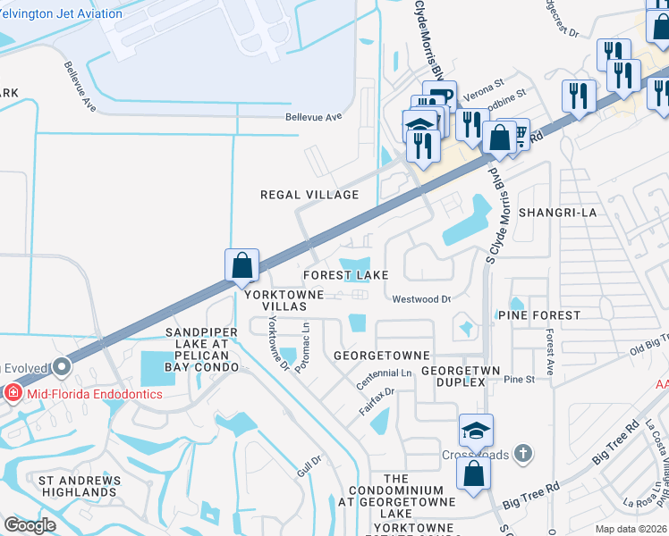 map of restaurants, bars, coffee shops, grocery stores, and more near 132 Cedarwood Village Circle in Daytona Beach