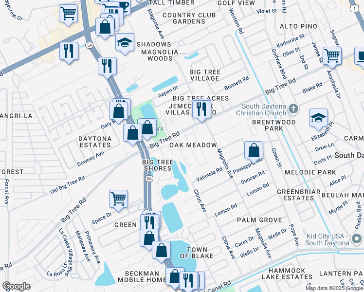 map of restaurants, bars, coffee shops, grocery stores, and more near 2100 Oak Meadow Circle in South Daytona