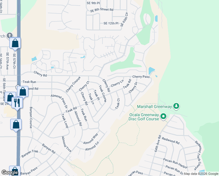 map of restaurants, bars, coffee shops, grocery stores, and more near 79 Teak Road in Ocala