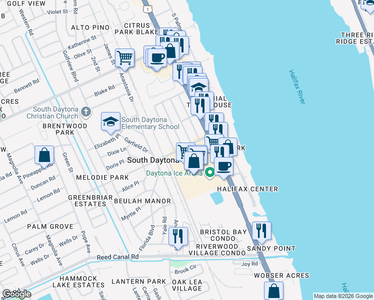 map of restaurants, bars, coffee shops, grocery stores, and more near 2400 South Ridgewood Avenue in South Daytona