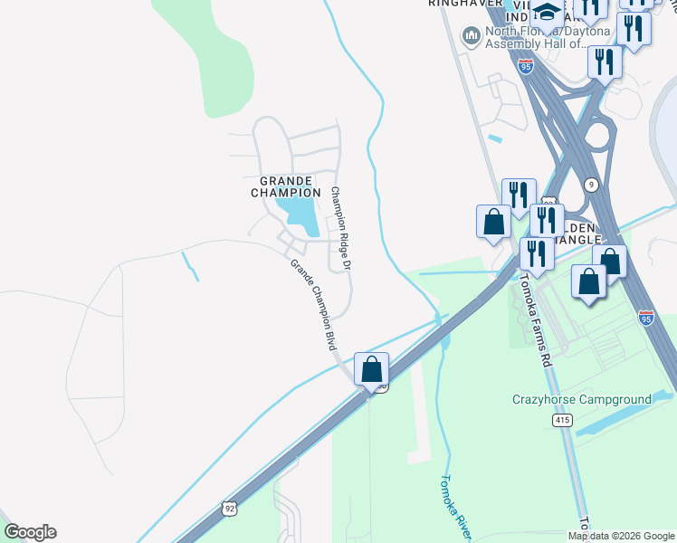 map of restaurants, bars, coffee shops, grocery stores, and more near 113 Aston Grande Drive in Daytona Beach