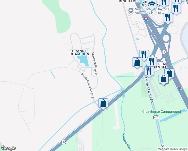 map of restaurants, bars, coffee shops, grocery stores, and more near 113 Aston Grande Drive in Daytona Beach