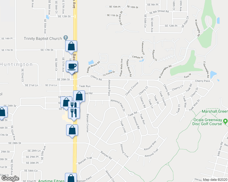map of restaurants, bars, coffee shops, grocery stores, and more near 15 Almond Pass in Ocala