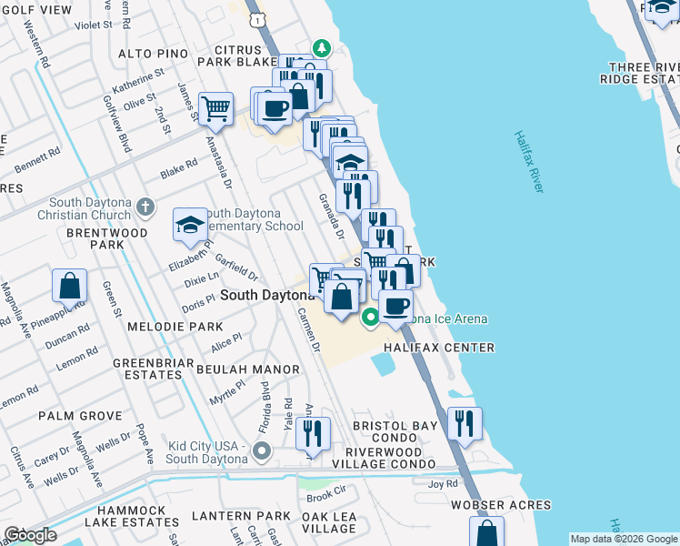 map of restaurants, bars, coffee shops, grocery stores, and more near 2400 South Ridgewood Avenue in South Daytona