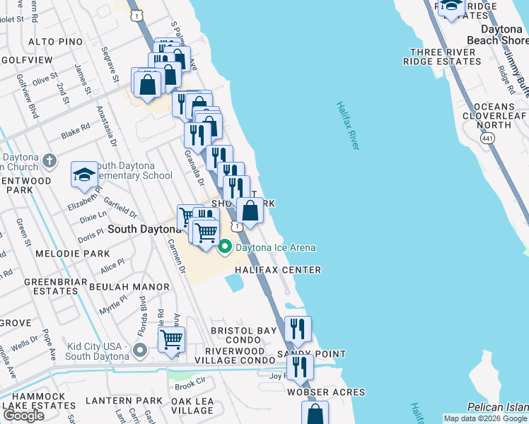 map of restaurants, bars, coffee shops, grocery stores, and more near 2411 South Palmetto Avenue in South Daytona
