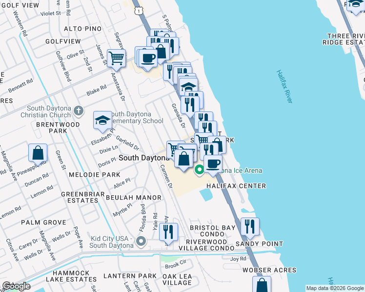 map of restaurants, bars, coffee shops, grocery stores, and more near 2400 South Ridgewood Avenue in South Daytona