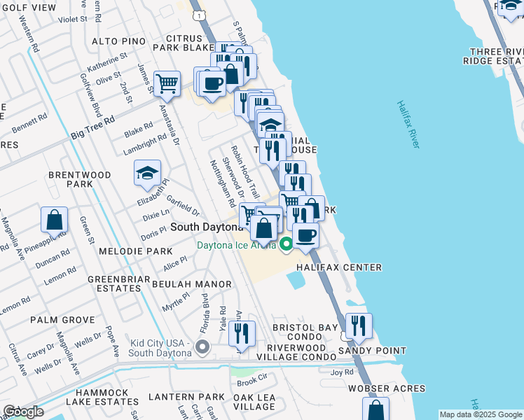 map of restaurants, bars, coffee shops, grocery stores, and more near 305 Ridge Boulevard in Daytona Beach