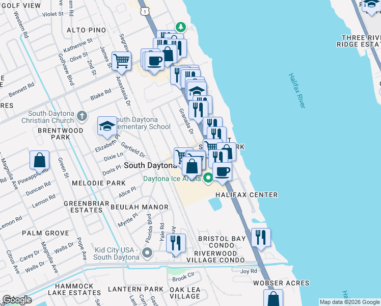 map of restaurants, bars, coffee shops, grocery stores, and more near 303 Ridge Boulevard in South Daytona