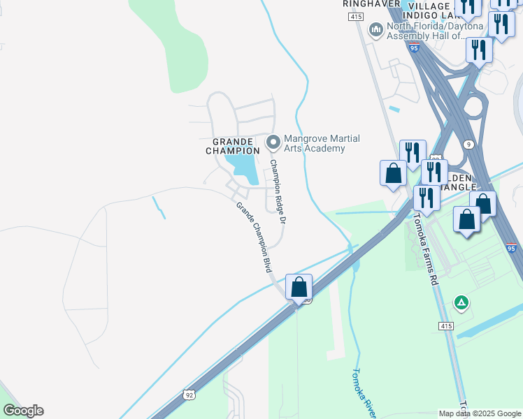 map of restaurants, bars, coffee shops, grocery stores, and more near 135 Aston Grande Drive in Daytona Beach