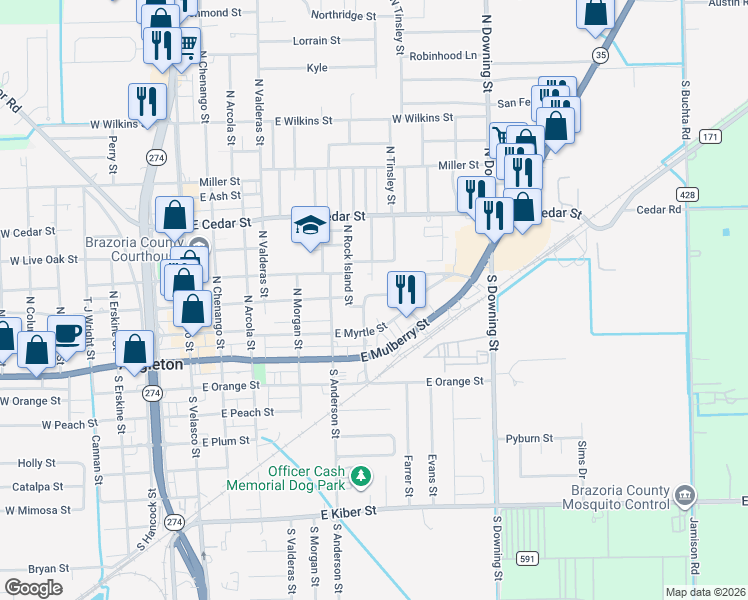 map of restaurants, bars, coffee shops, grocery stores, and more near 401 Hurst in Angleton