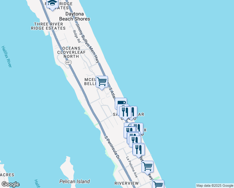 map of restaurants, bars, coffee shops, grocery stores, and more near 3043 South Atlantic Avenue in Daytona Beach Shores