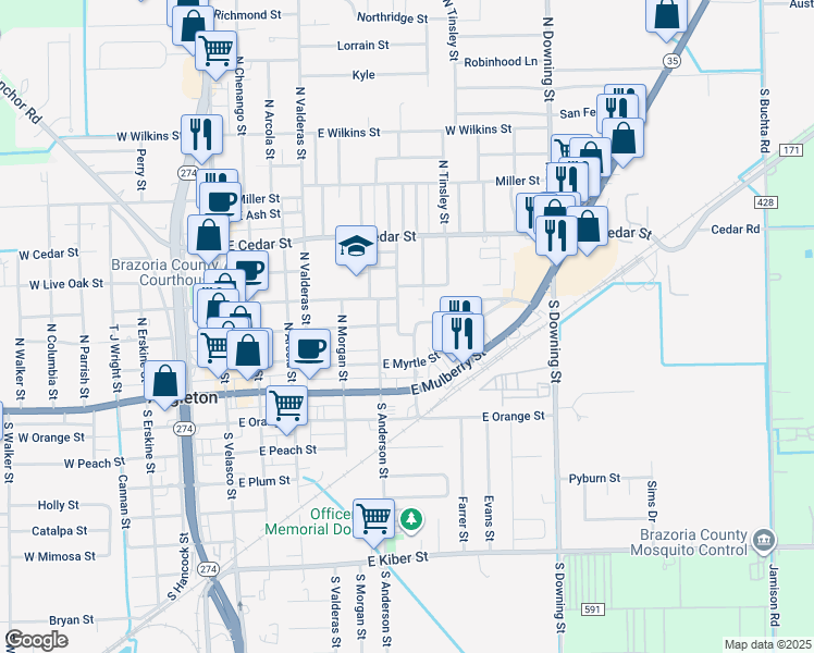 map of restaurants, bars, coffee shops, grocery stores, and more near 401 Hurst in Angleton