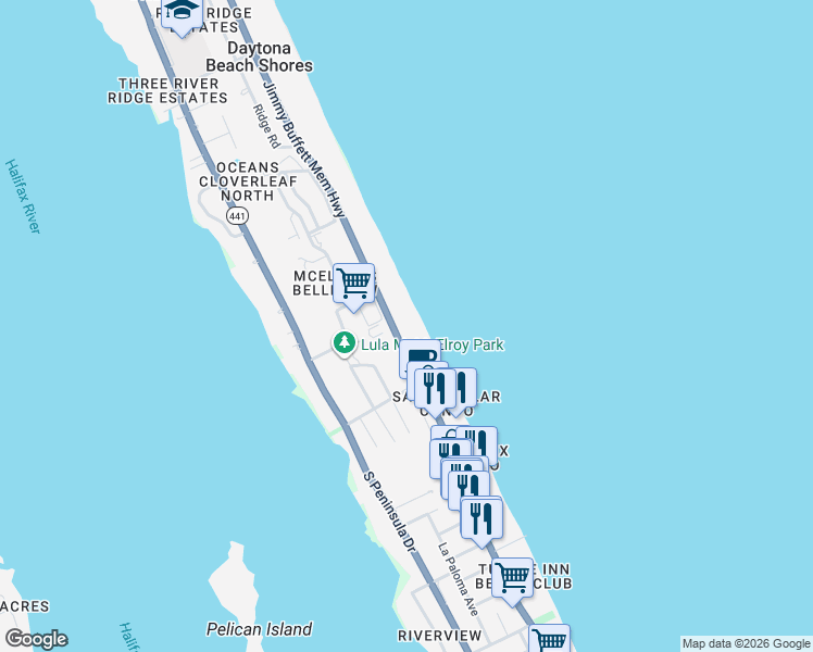 map of restaurants, bars, coffee shops, grocery stores, and more near 3043 South Atlantic Avenue in Daytona Beach Shores