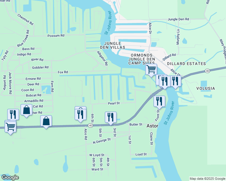 map of restaurants, bars, coffee shops, grocery stores, and more near 55715 Carrol Street in Astor