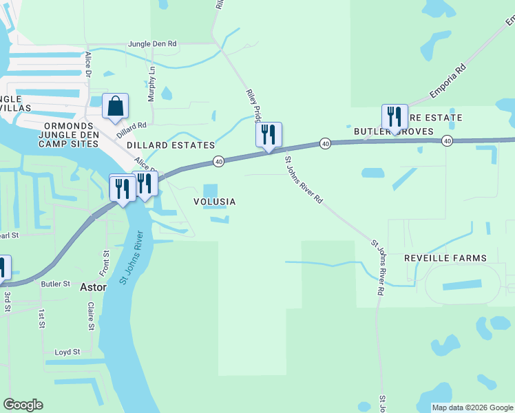map of restaurants, bars, coffee shops, grocery stores, and more near 2020 Saint Johns River Road in Astor