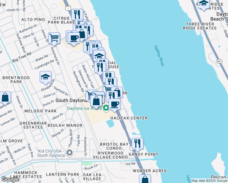 map of restaurants, bars, coffee shops, grocery stores, and more near 2316 South Palmetto Avenue in South Daytona