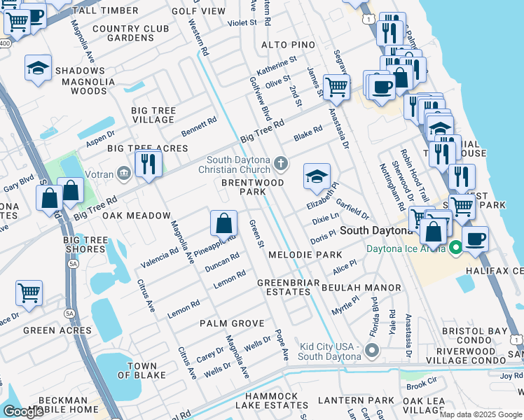map of restaurants, bars, coffee shops, grocery stores, and more near 2054 Brian Avenue in South Daytona