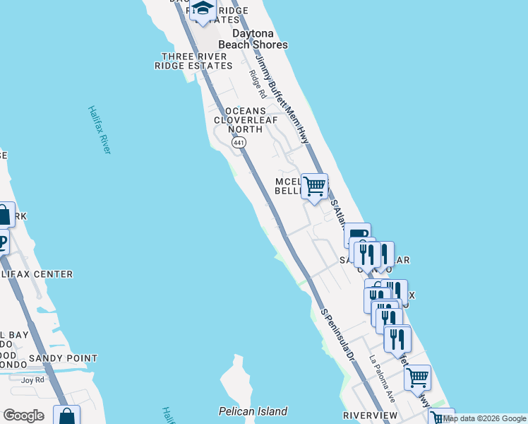 map of restaurants, bars, coffee shops, grocery stores, and more near 3016 South Peninsula Drive in Daytona Beach